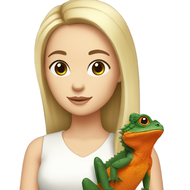 genmoji: Generate a white girl with dark brown hair and green eyes holding on her arms bearded orange agama