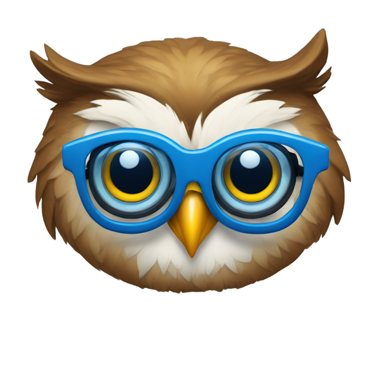 genmoji: Owl with blue cateye shaped glasses holding a book