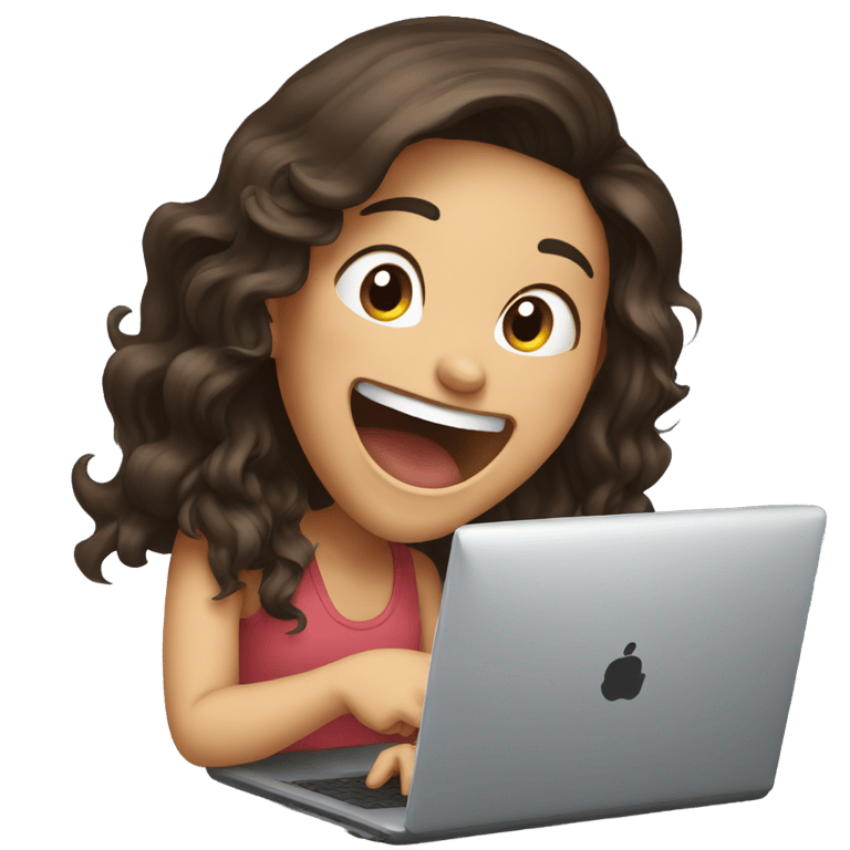 genmoji: Girl with dark long brown hair laughing at computer