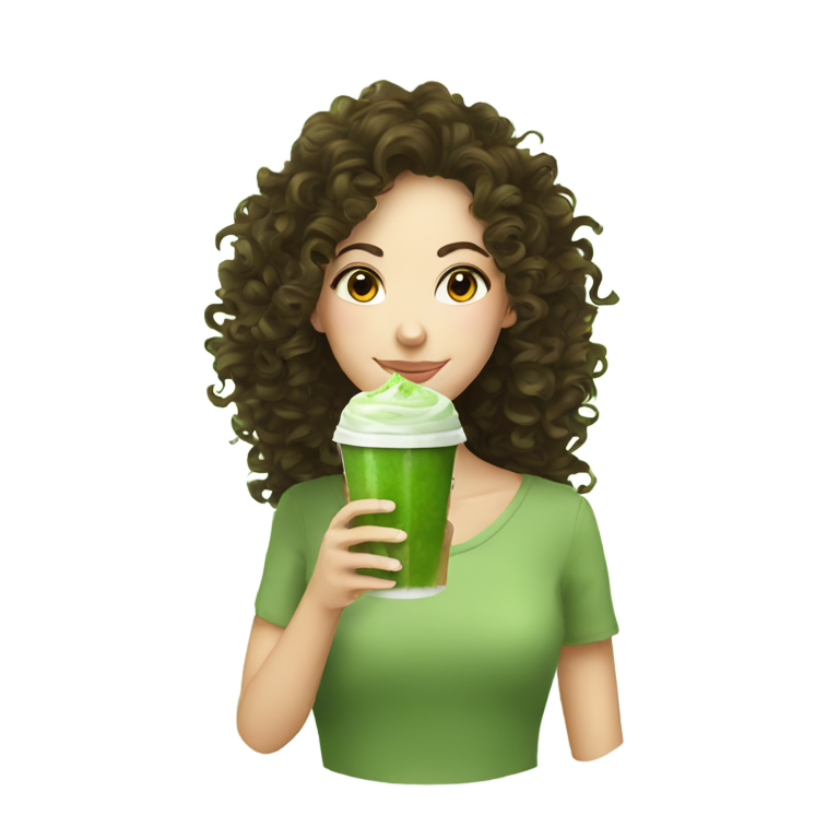 genmoji: Brunette curly head drinking matcha
