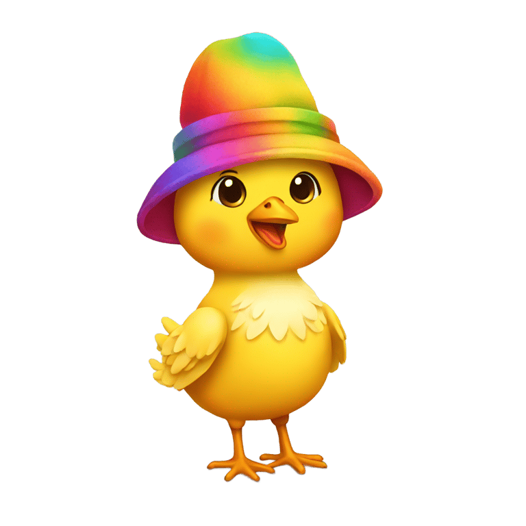 genmoji：a chick wearing a colorful hat. Full body