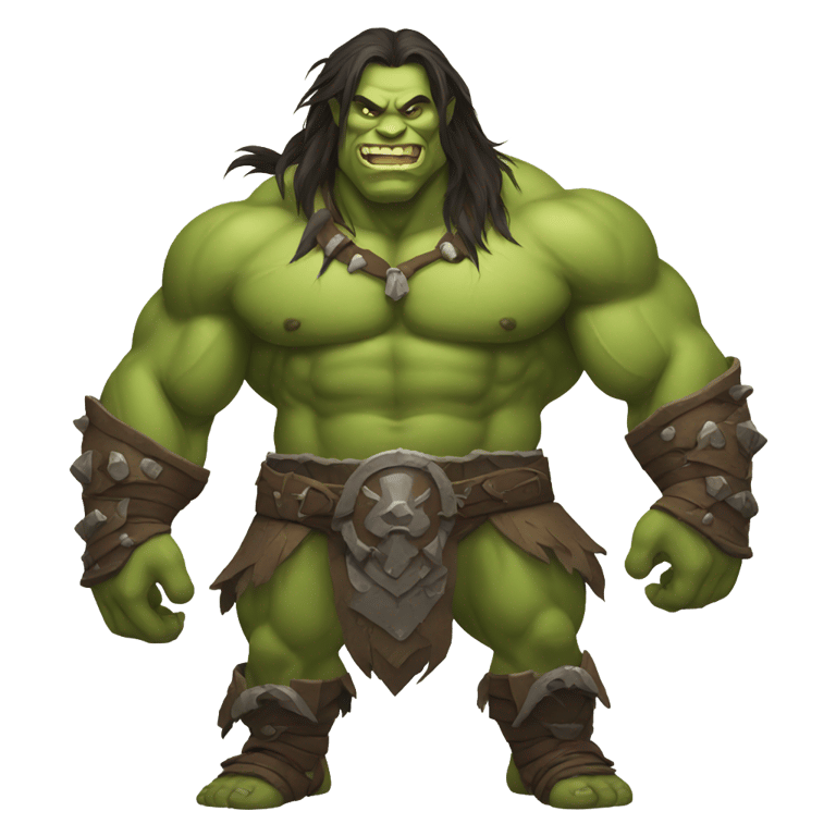 genmoji: A muscular orc warrior smiling with long hair and his belly showing