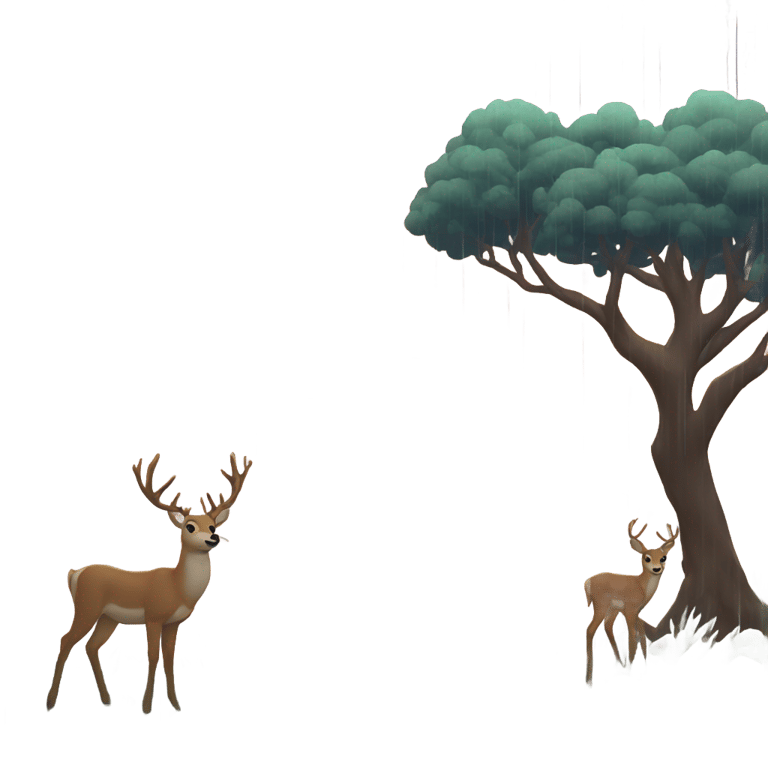 genmoji: Rain  with deer and trees and sunset