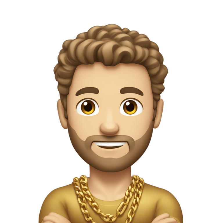 genmoji: brown haired strong Caucasian male, No beard, a gold shirt, gold chains, gold wrist bands, arms crossed