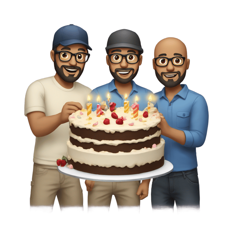 genmoji: Three light-skinned men with a birthday cake. The first man is bald and wears glasses. The second is a man with a beard, black hair and wearing glasses. And the third is a man wearing a cap.