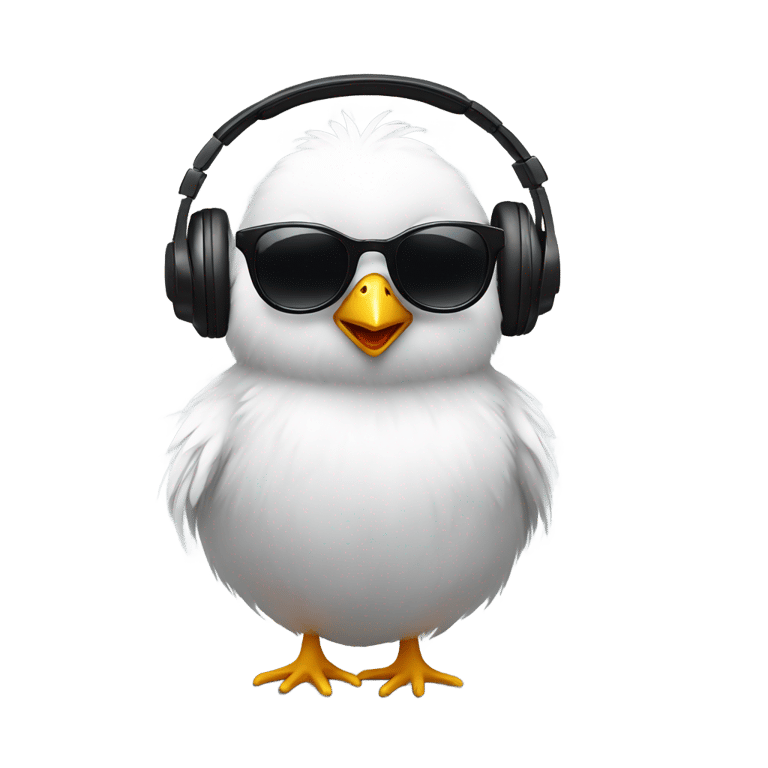 genmoji: A small, fluffy chick wearing cool black sunglasses and oversized headphones, nodding its head as if enjoying music