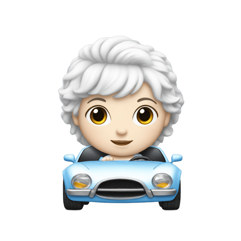 genmoji : White baby with black and White hair driving a White and blue car