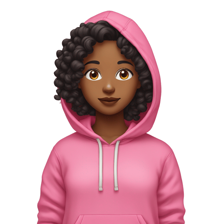 genmoji: medium brown skin girl with shoulder length black curly hair with pink hoodie