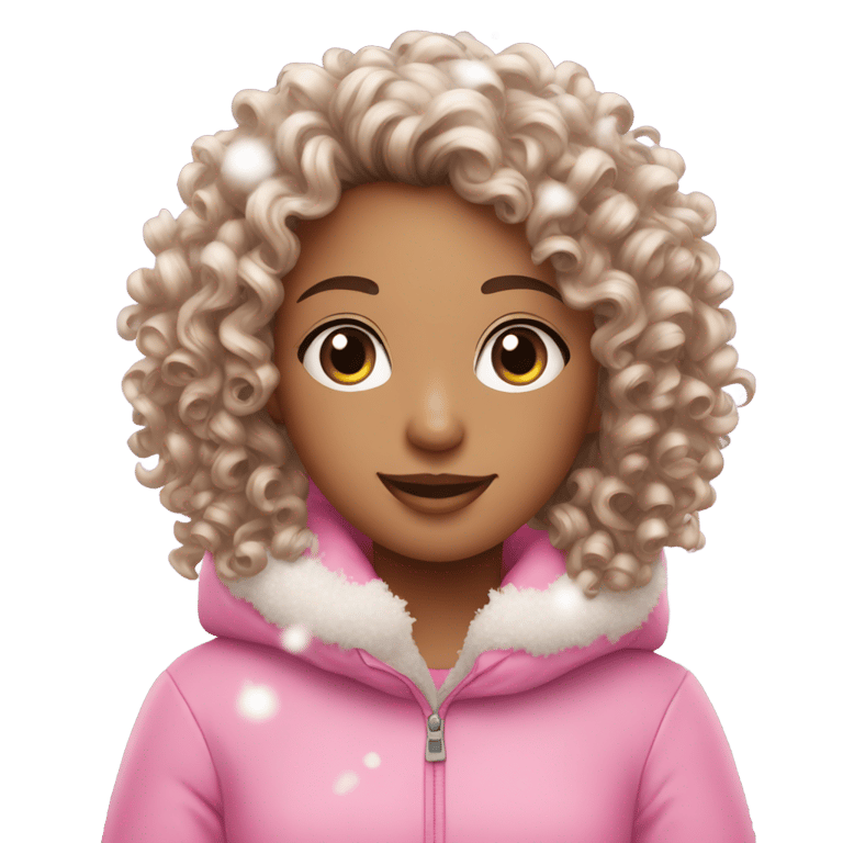 絵文字：Make a curly hair girl playing the snow wearing a pink outift