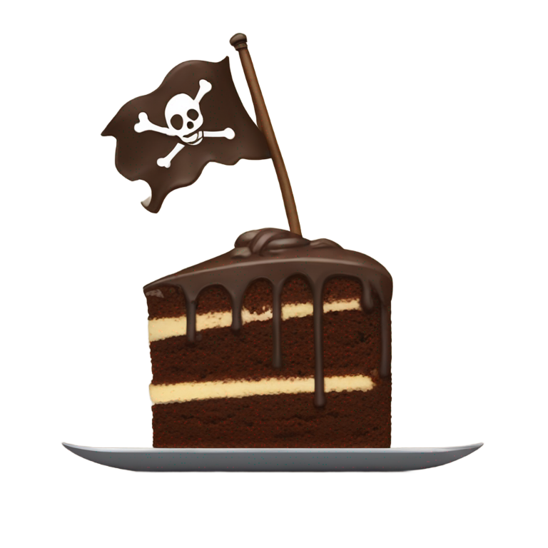 genmoji: a plain brownie cake (the desert) and pirate flag on it and a macbook