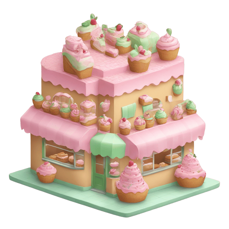 genmoji: A bakery with pink and green pastel colors and several cakes decorating it.