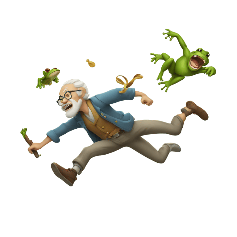 genmoji: an old man flying with a frog while fighting a monkey while shooting lighting