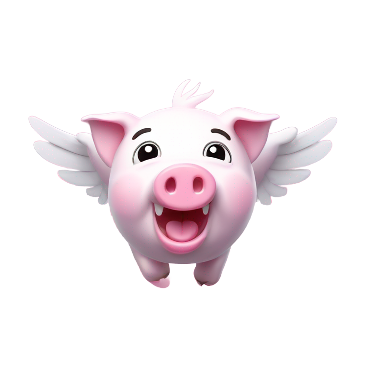 genmoji: emoji of flying pink pig. enlarged head in cartoon style. cute. white wings. head is turned towards viewer. 3D lighting. no cast shadows.