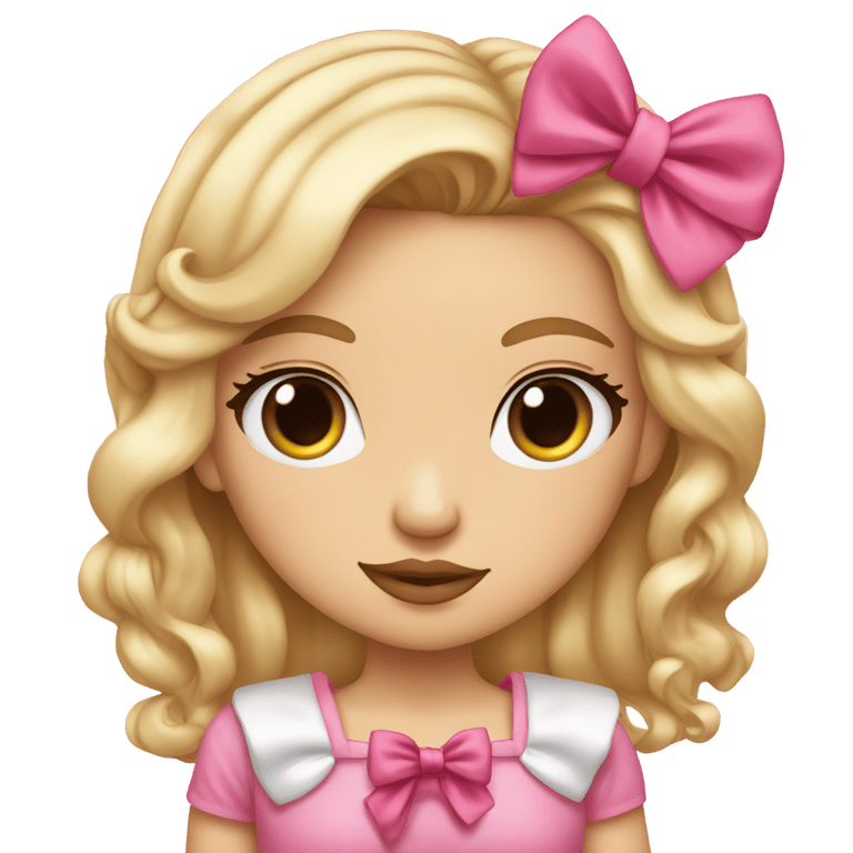 genmoji : Blonde girl with brown eyes and pink glossy lips with a bow in her hair pouting doing a peace sign