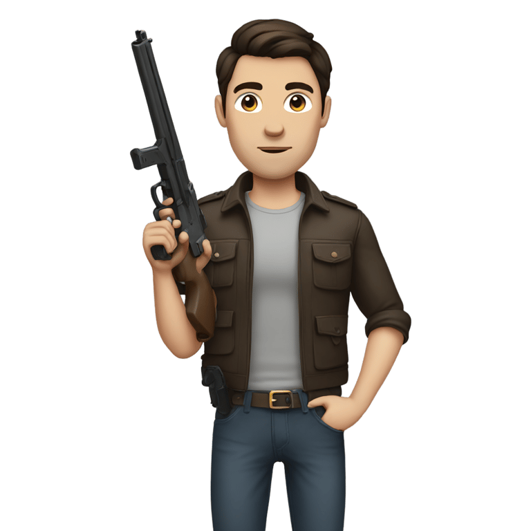 genmoji: Tall British gay man with flat dark brown hair, and holding gun