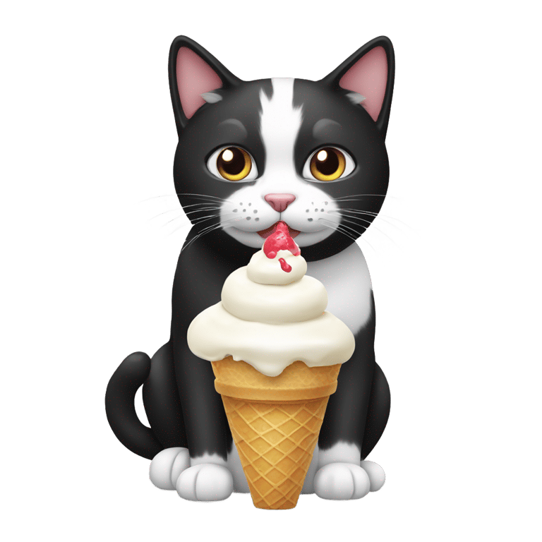 genmoji: a black and white cat eating ice cream