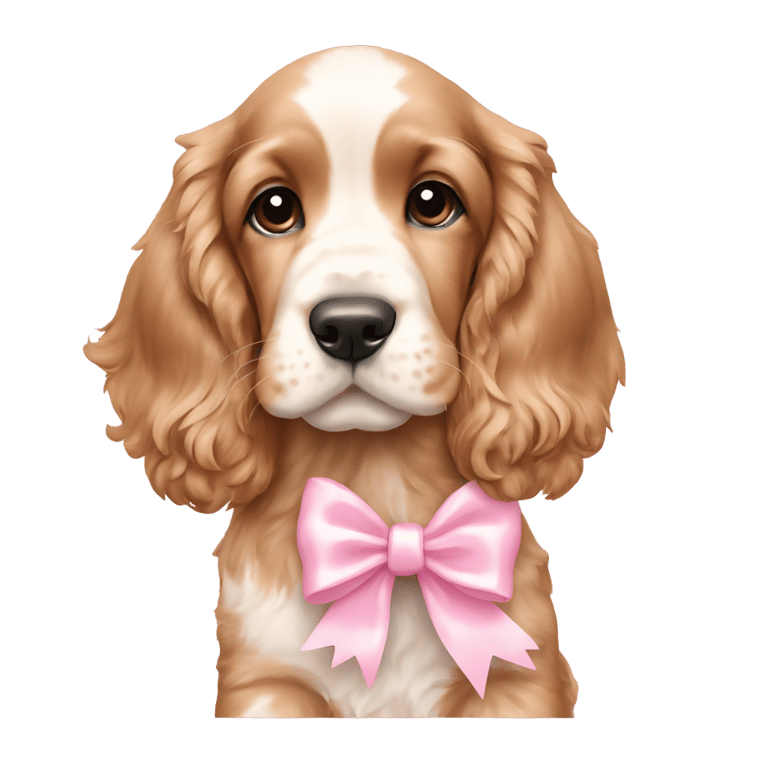 genmoji: English Cocker Spaniel puppy with a light pink bow on his ear