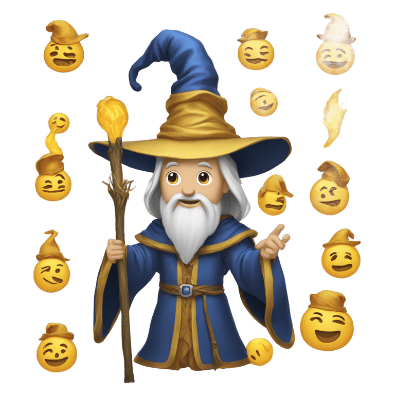 genmoji：一个头上戴着15顶帽子的魔法师正在说"GEGE"