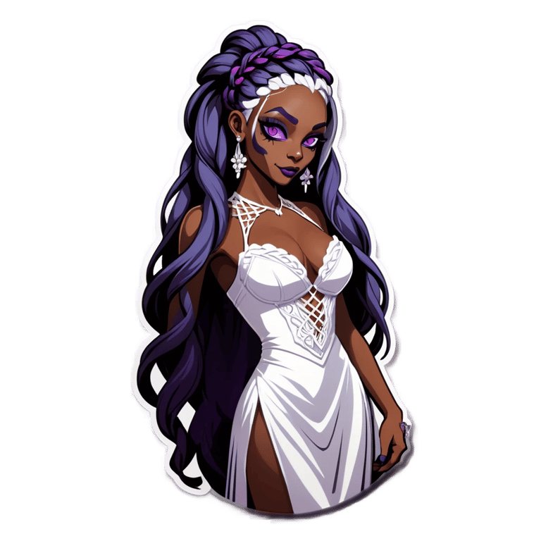 genmoji: purple skinned drow in skimpy wedding dress with dutch braided hair