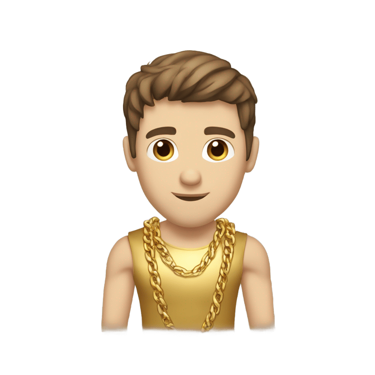 genmoji: brown haired strong Caucasian male with No beard, a gold shirt, gold chains, gold wrist bands