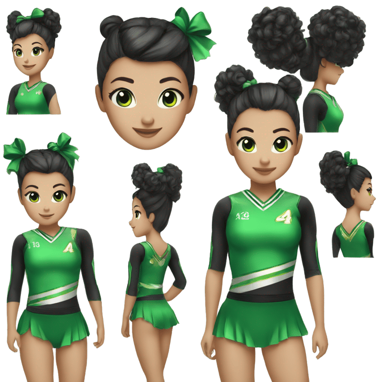 genmoji: A competitive cheerleader with a high ponytail and tail a green bow and a green and black sparkly uniform