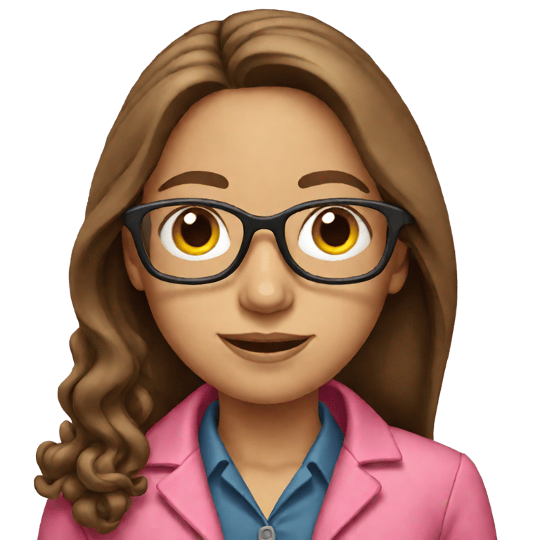 genmoji : Une enseignante avec de longs cheveux bruns, des lunettes et une veste rose.