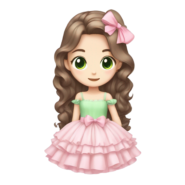 genmoji: half-body, brown hair, green eyes girl with hime cut, with a pink coquette dress and pastel colored bow, with frills and cute