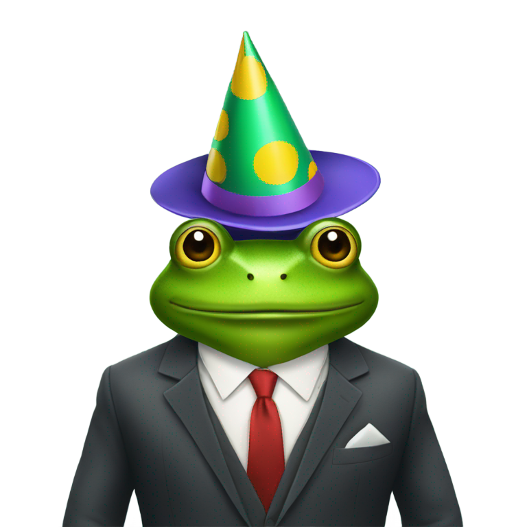 genmoji : Chapeau de fête sur une grenouille en costume d'homme d'affaires