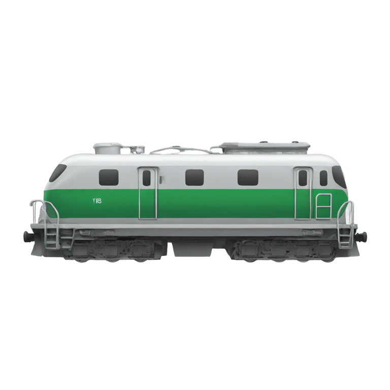 genmoji : Vue latérale d'un train gris avec l'avant blanc et vert.