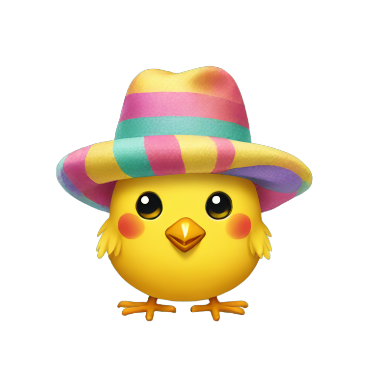 genmoji：a chick wearing a colorful hat. Full body