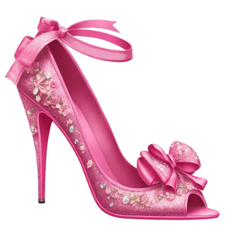 絵文字："A stylish high-heel shoe in vibrant pink, featuring different designs: glittery texture, floral patterns, crystal embellishments, lace details, ribbon accents, metallic finish, heart-shaped decor, bow-tied straps, and elegant curves in a luxury setting."