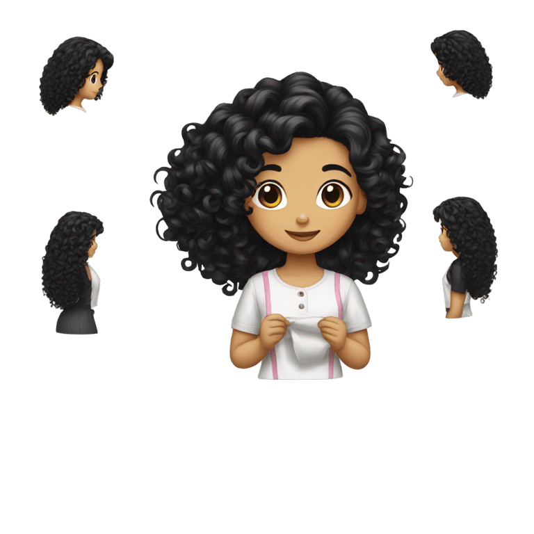 genmoji: girl with curly long black  hair sewing