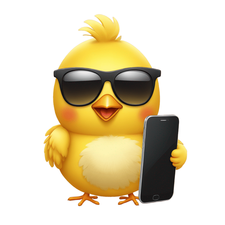 genmoji: A cute little yellow chick wearing oversized black sunglasses, holding a small smartphone i