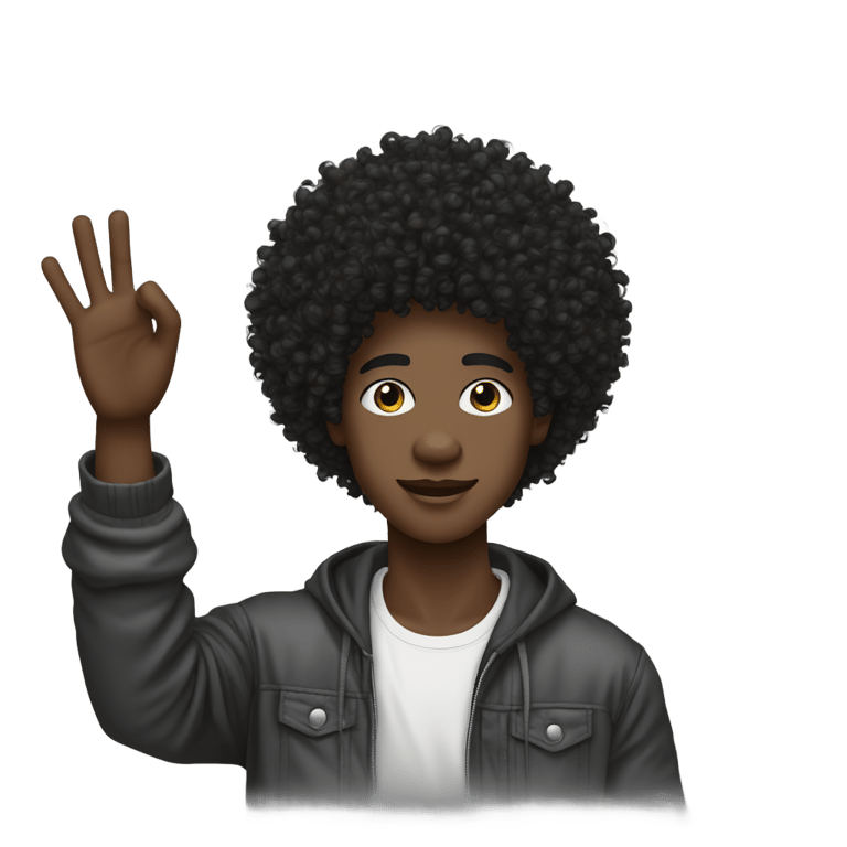 genmoji: dark skin, black mullet afro curly man Raising Hand, street wear style, twink, intricate face