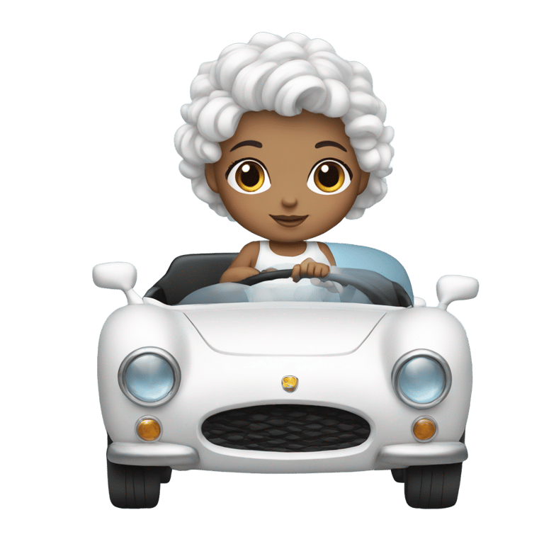 genmoji : Baby girl with black and White hair  driving a White car with a blue roof