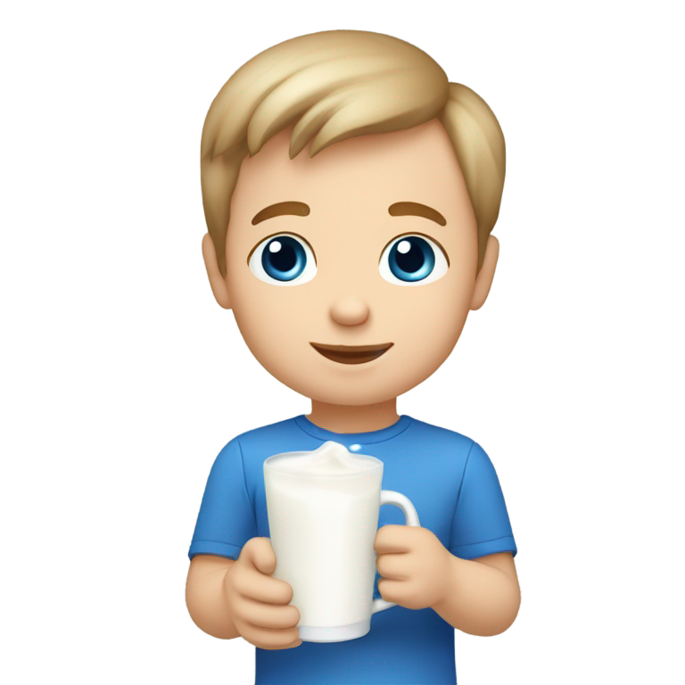 genmoji: A Caucasian male toddler with blue eyes holding a mug of milk. he has light brown whispy straight hair that is longer at the back.