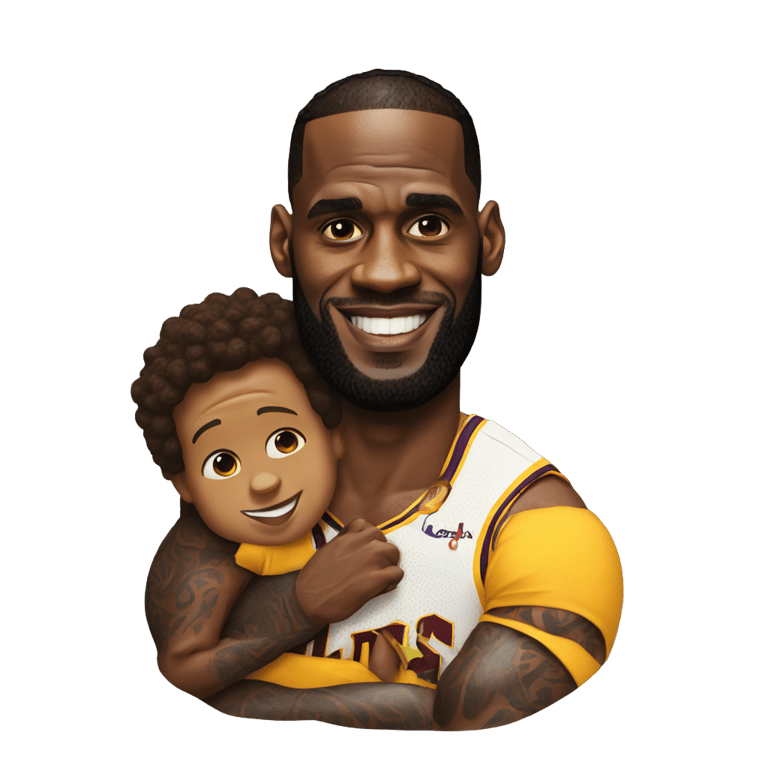 genmoji: lebron james holding a lad named kipton