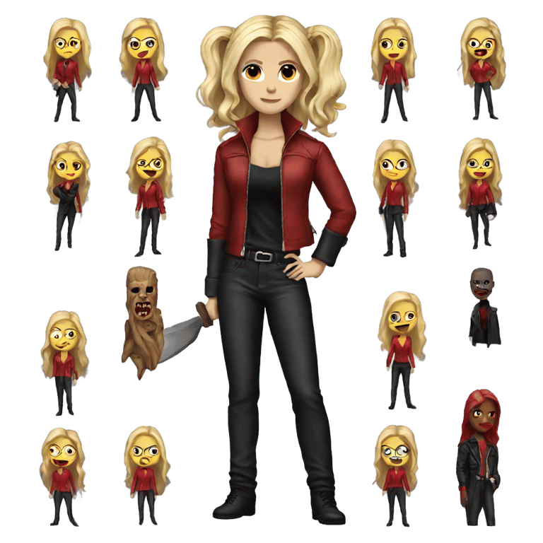 genmoji : Buffy, Red Pants, Jacket, Blonde hair, stake, vampire slayer