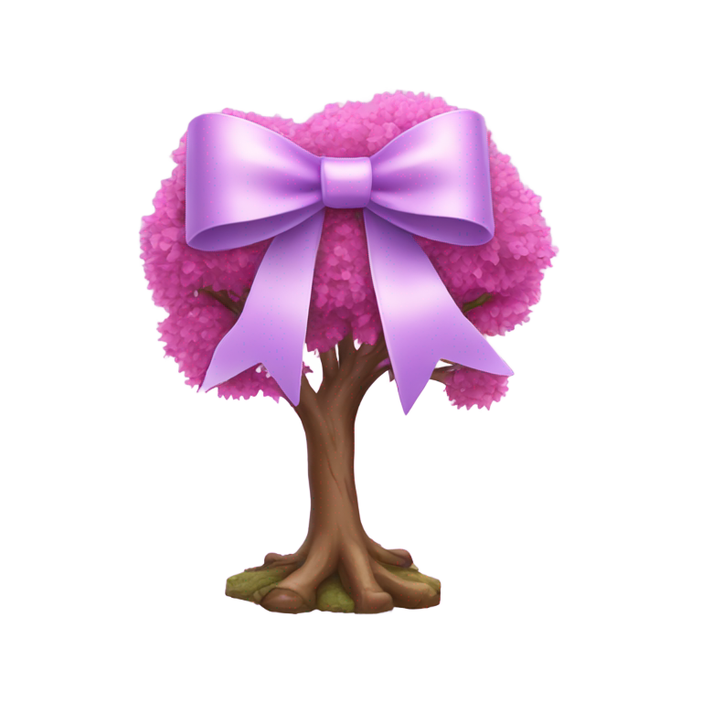 genmoji: Light purple bow hanging on a small pink tree