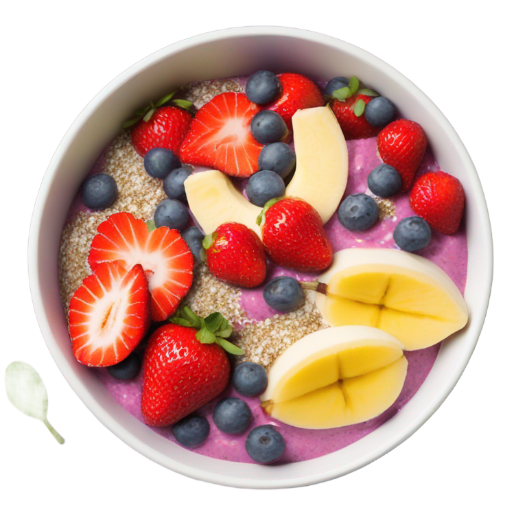 genmoji: Bowl with fruits strawberry and banana. Nuts, chia and Joghurt. It’s a açaí bowl