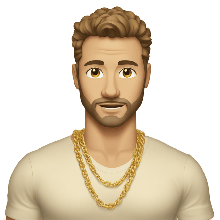 genmoji: strong white man, brown hair, gold shirt, multiple gold chains, gold wrist bands, stubble with no mustache