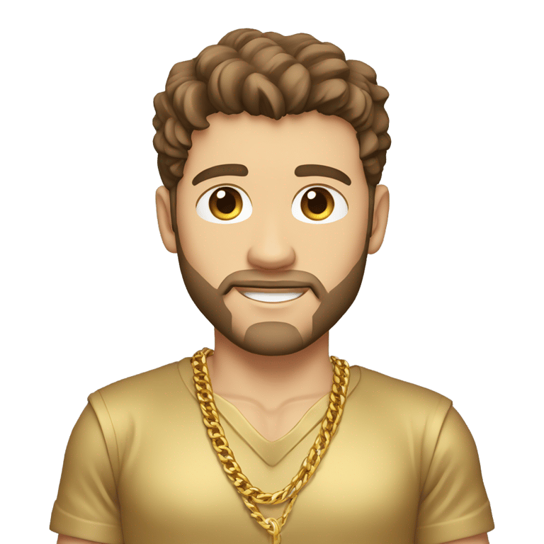 genmoji: brown haired strong Caucasian male with no beard, a gold shirt, gold chains, gold wrist bands