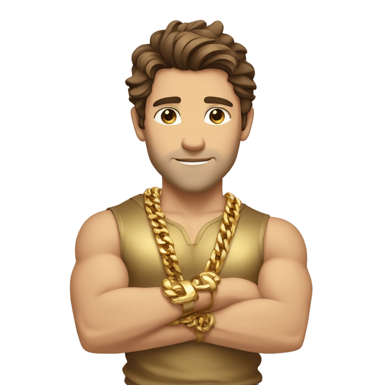 genmoji: brown hair strong Caucasian male, a gold shirt, multiple gold chains, gold wrist bands, arms crossed