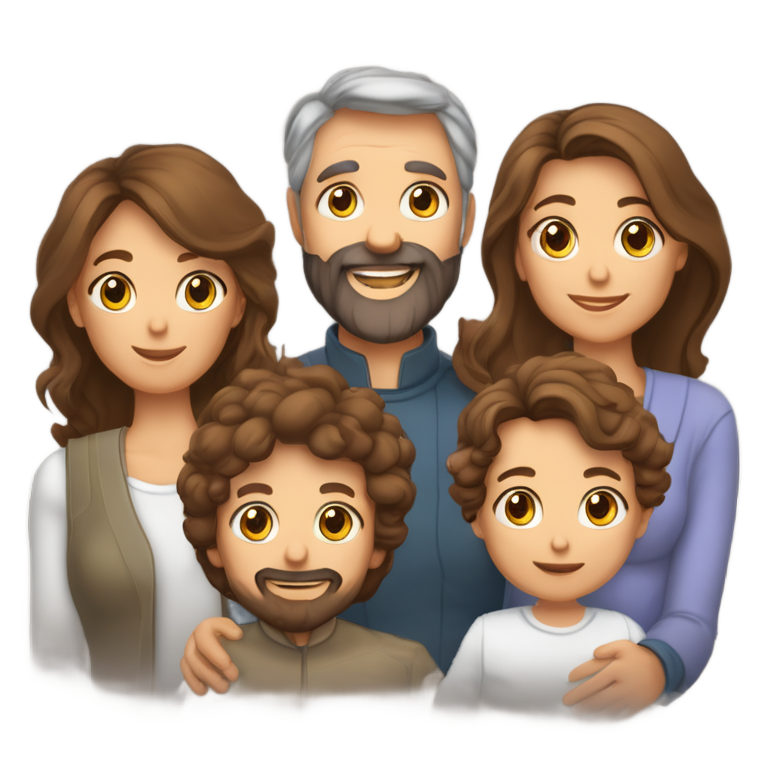 genmoji: une famille avec la maman aux cheveux longs bruns et aux yeux bruns, le papa aux cheveux courts bruns et aux yeux bruns et une légère barbe et le bébé aux cheveux très courts bruns et aux yeux bleus/gris