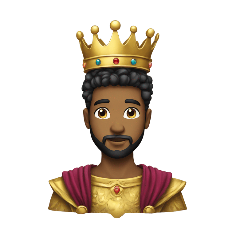 genmoji: young king with black beard wearing kings crown and costume with gold