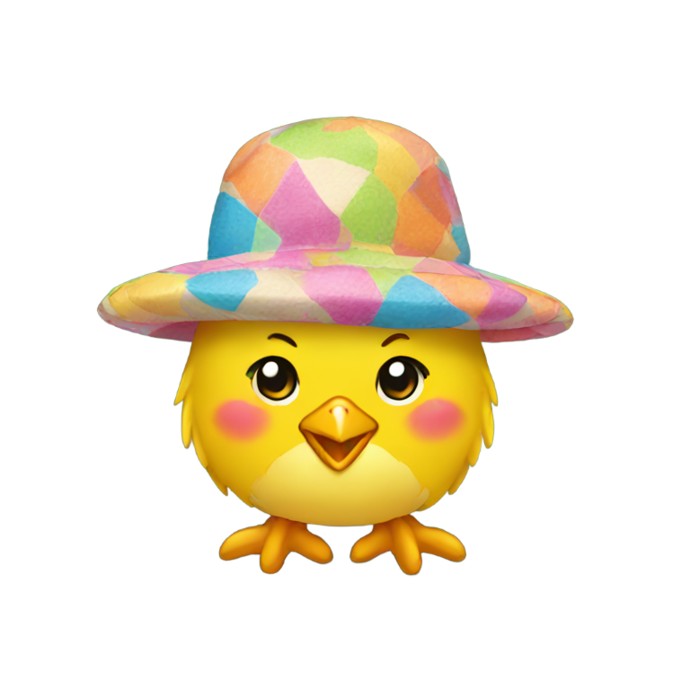 genmoji : chick wearing a colorful hat.full look