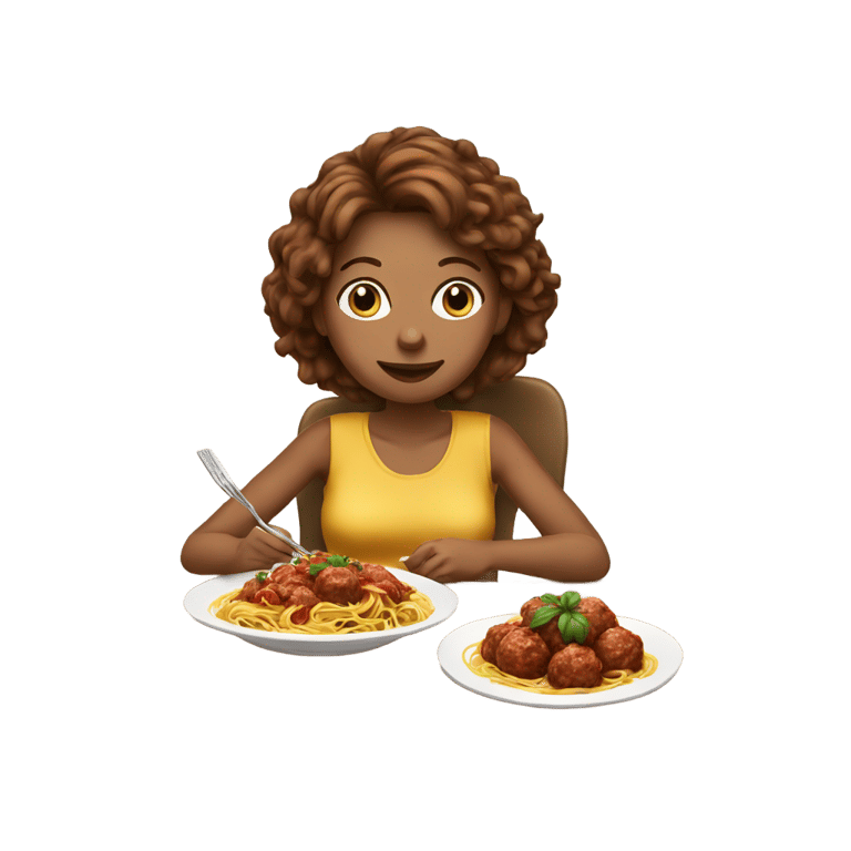 絵文字：brown hair woman eating spaghetti and meatballs sitting at a table