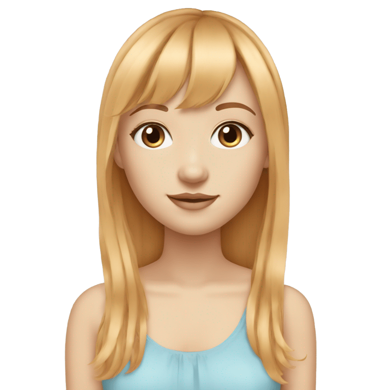 genmoji: Teenage girl with blue eyes and straight strawberry blond hair with a slight wave and curtain bangs and light skin