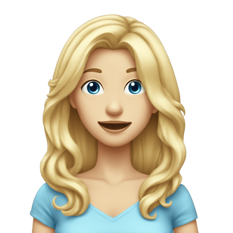 genmoji: blonde girl with long hair blue eyes and long face with tongue out winking and sweating