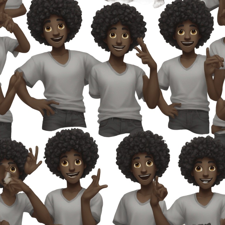 genmoji: dark skin, black afro curly man Raising Hand, street wear style, twink, intricate face